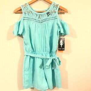 Paper Doll Mint Cold Shoulder tie waist romper NWT